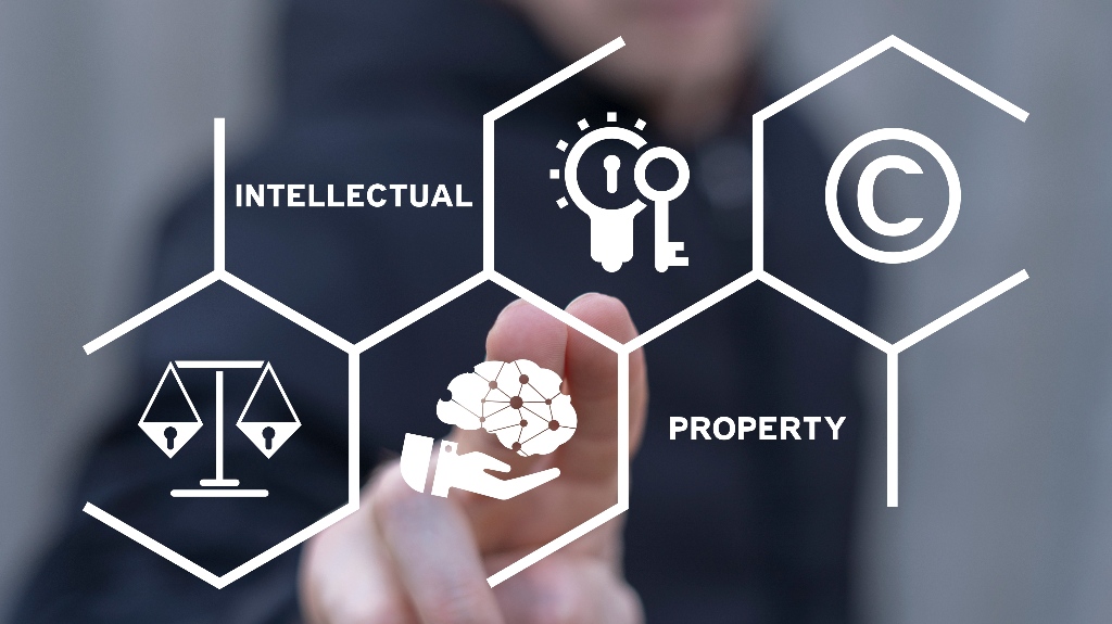 Man using virtual interface sees inscription: Intellectual Property