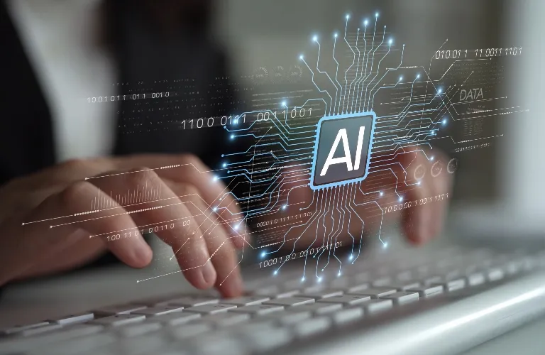 Hands typing on a white keyboard with a digital AI circuit and binary code overlay.
