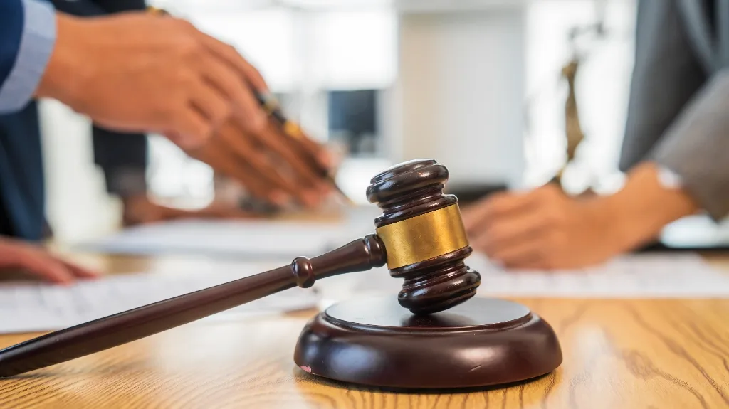 Wooden judge's gavel with a gold band on a desk, blurred hands in background.
