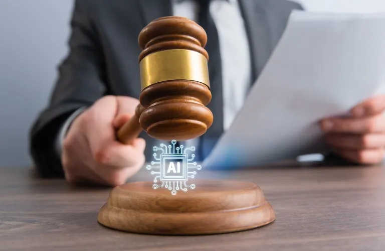Person in suit holding wooden gavel above block with glowing AI circuit icon.