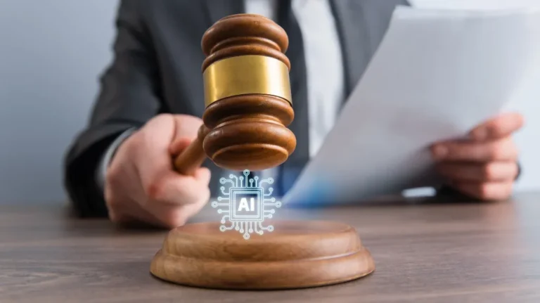 Judge in suit holding wooden gavel above block with glowing AI circuit symbol.